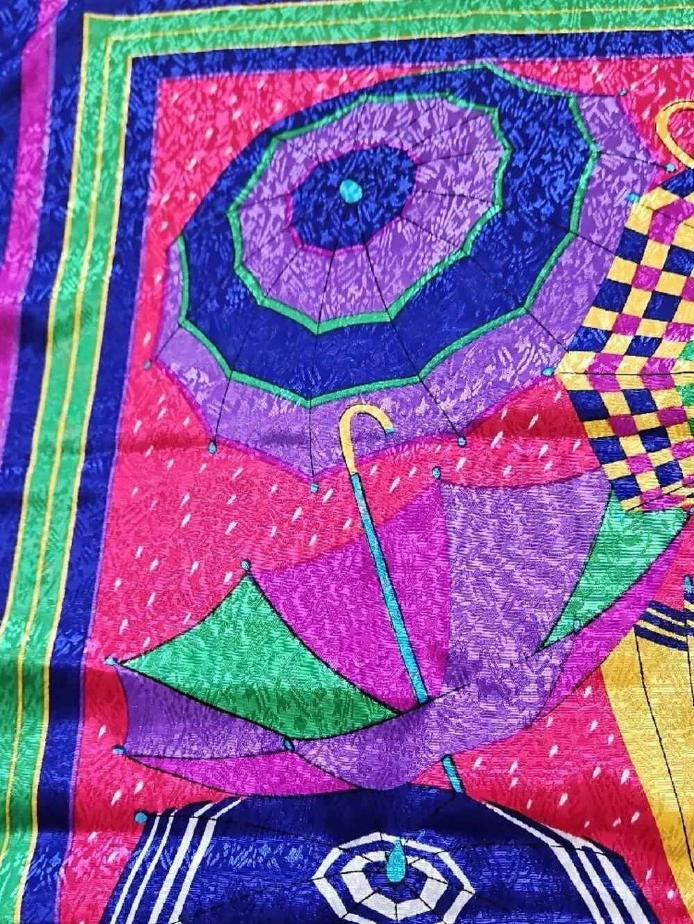 Vibrant Umbrella Print Silk-Feel Scarf - Pink, Purple & Green